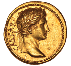 A Roman gold aureus depicting Caesar Augustus